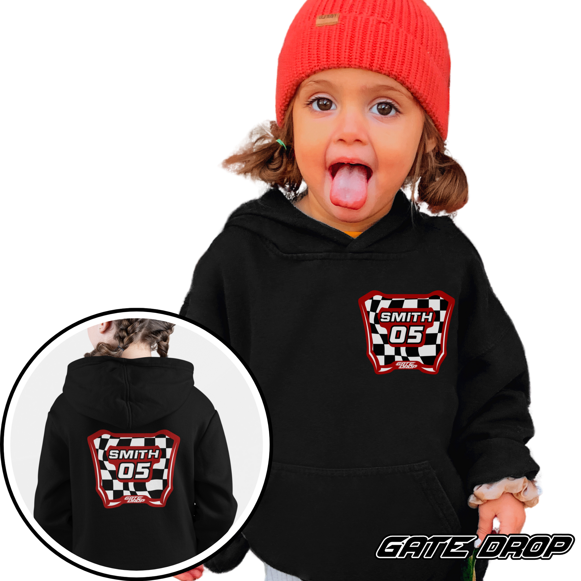 Gate Drop Motocross Checkered Plate with Custom Name and Number Youth Hoodie