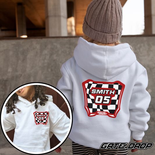 Gate Drop Motocross Checkered Plate with Custom Name and Number Youth Hoodie
