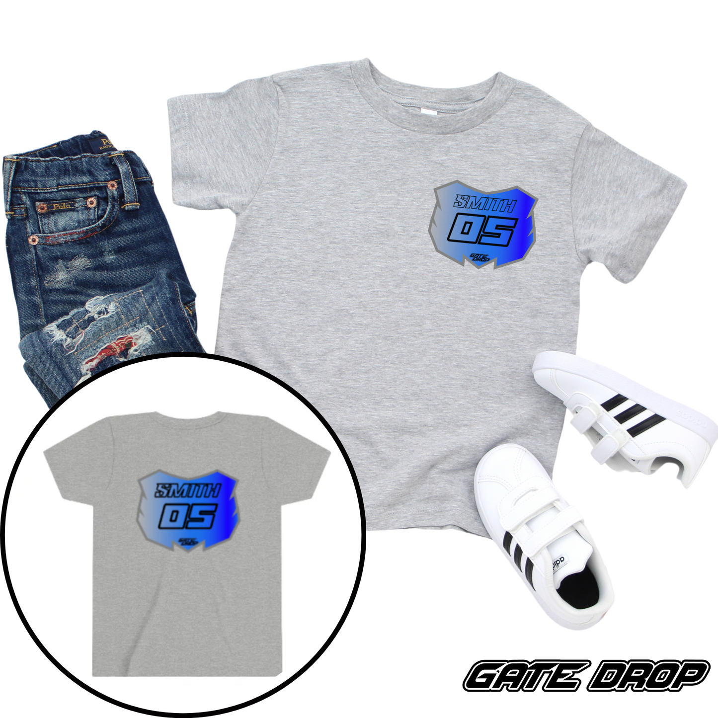 Gate Drop Motocross Gradient Plate with Custom Name and Number Youth Tee Shirt