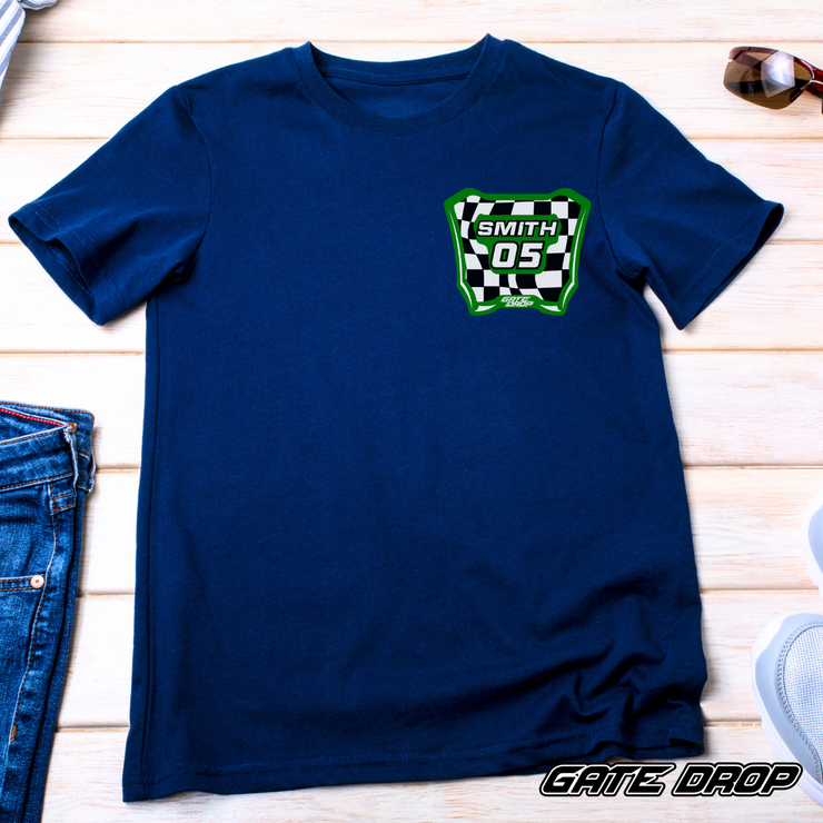 Gate Drop Custom Checkered Moto Plate Youth T Shirt.