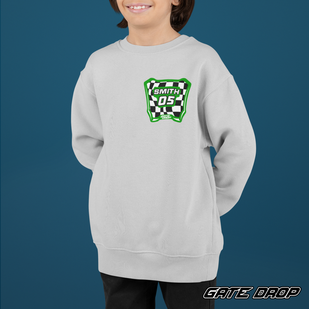 Motocross Checkered Plate with Custom Name and Number Youth Sweatshirt