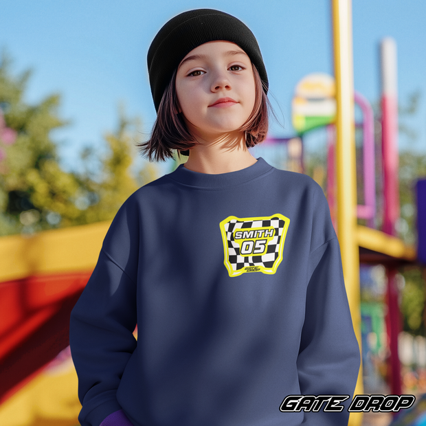 Motocross Checkered Plate with Custom Name and Number Youth Sweatshirt