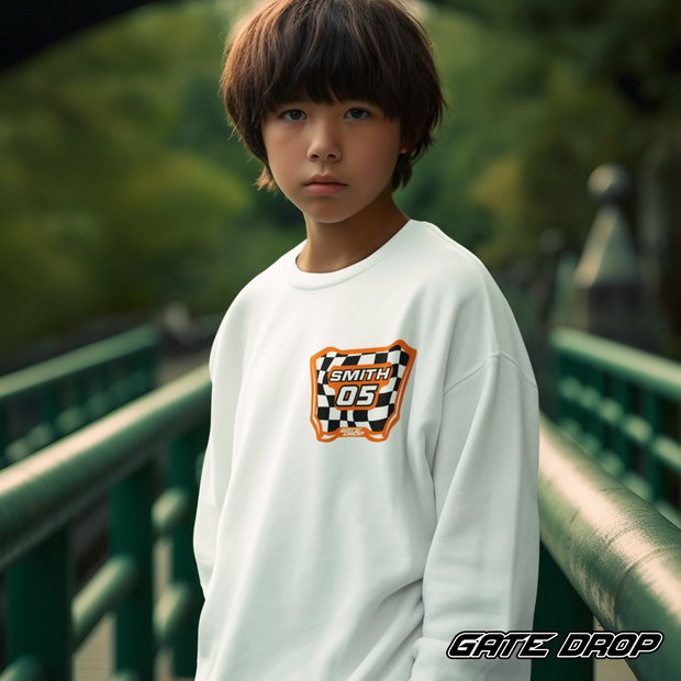Motocross Checkered Plate with Custom Name and Number Youth Sweatshirt