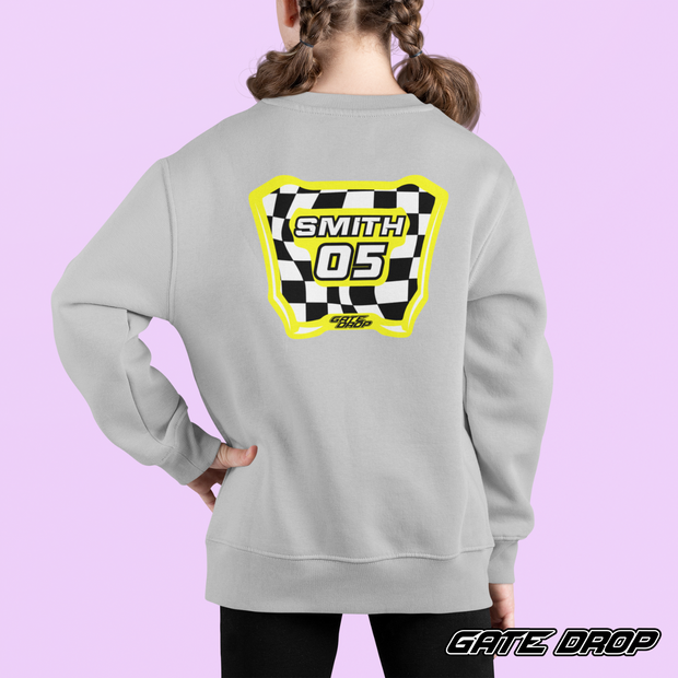 Motocross Checkered Plate with Custom Name and Number Youth Sweatshirt