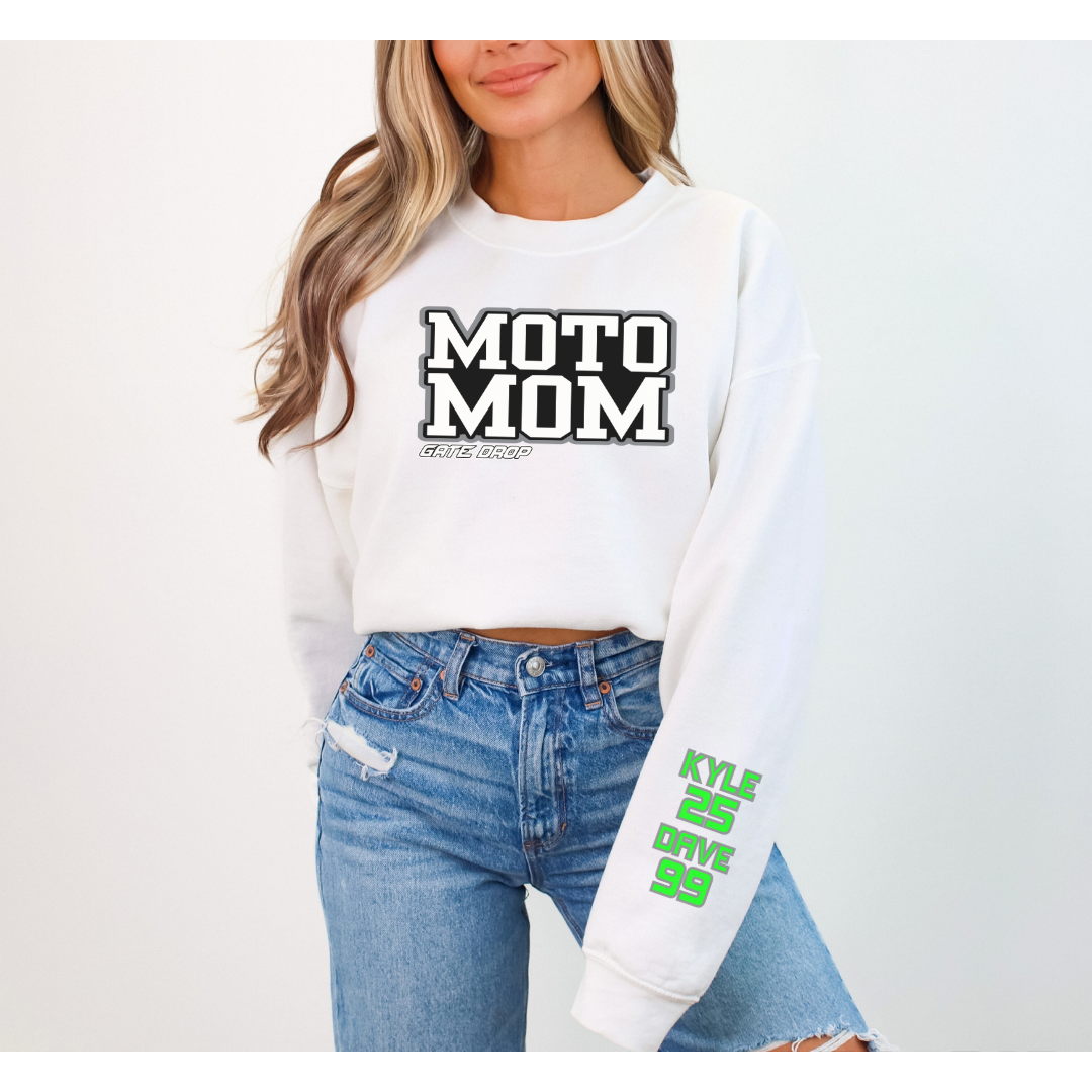 Gate Drop Moto Mom Personalized Sweatshirt with Customizable Sleeve