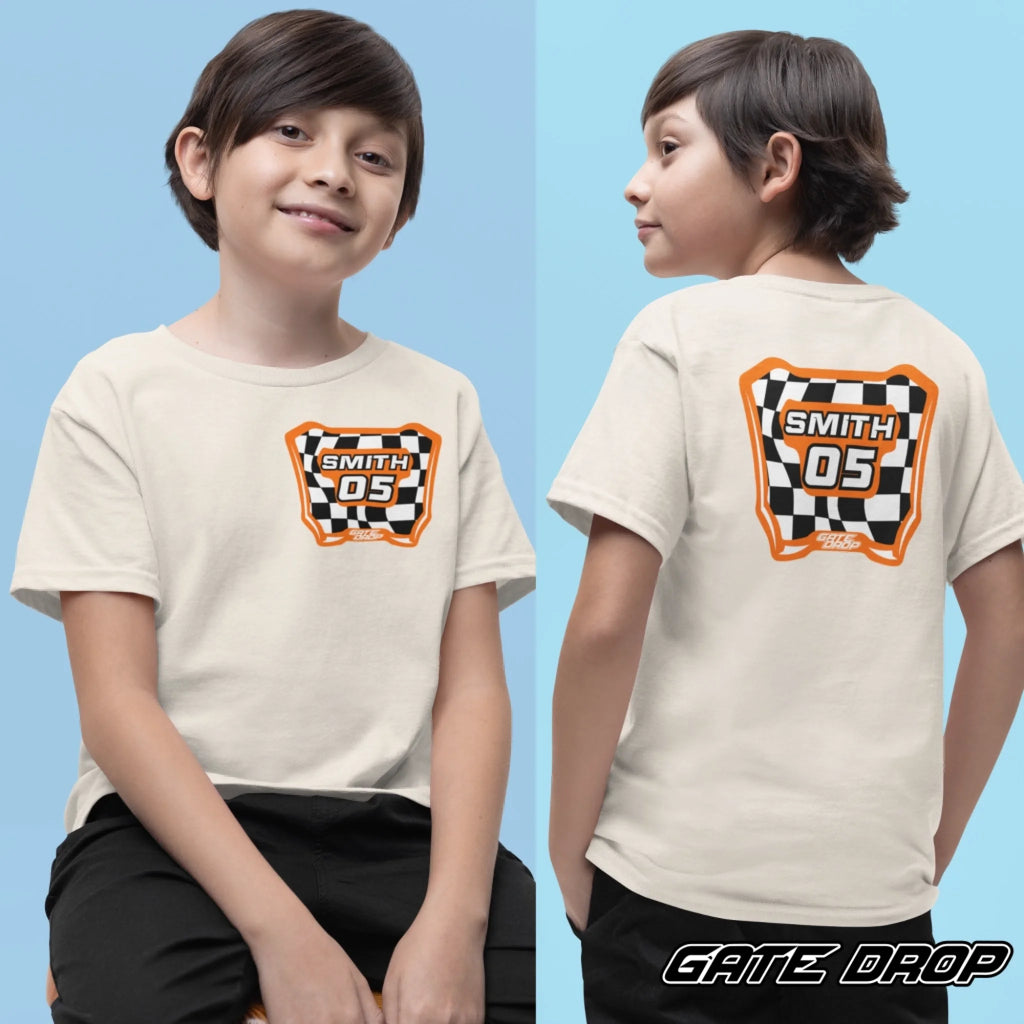 GateDropPersonalizedMXCheckeredMotoPlateYouthTShirt
