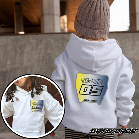 Gate Drop Custom Name and Number Gradient Plate Motocross Kids Hoodie