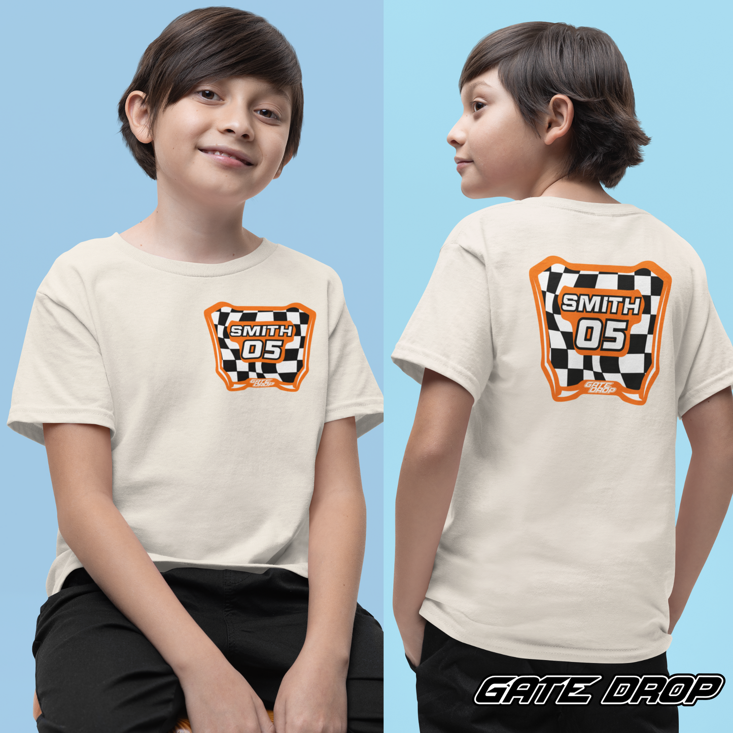 Gate Drop Personalized MX Checkered Moto Plate Youth T Shirt