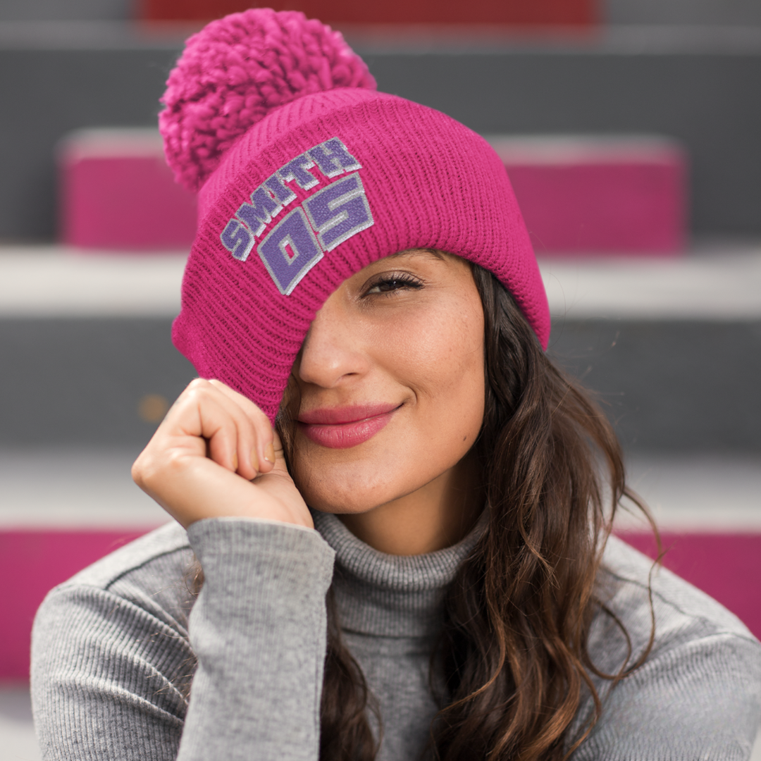 Embroidered Pompom Race Beanie