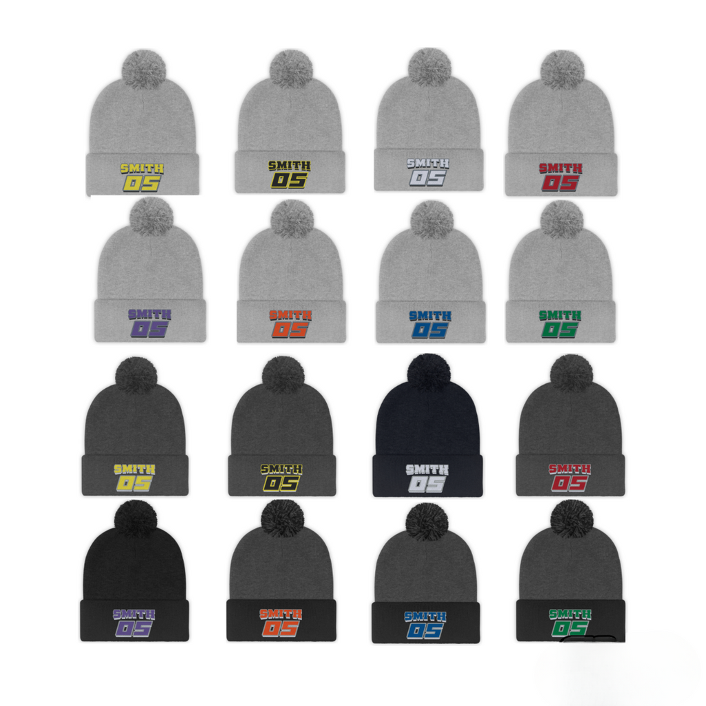 Embroidered Pompom Race Beanie