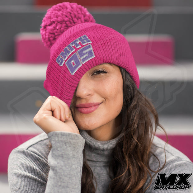 Custom Embroidered Pom Pom Motocross Beanie | Personalized dirt bike Beanie | Motocross Name and Number POM POM| Embroidered Racer Beanie