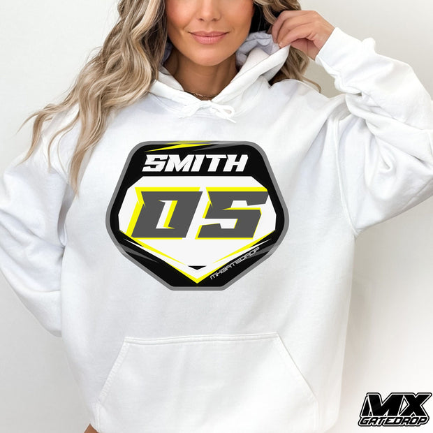 Dirt Bike Name and Number Plate Hoodie | Motocross Unisex Hoodie Race Number | Moto Hooded Sweatshirt w/Racing Name and Number