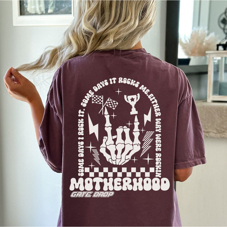 Moto Mama Some Days I Rock It Sometimes It Rocks Me Motherhood Race Day Shirt, Funny Skeleton Racing T-Shirt, Birthday Mother&#39;s Day Gift