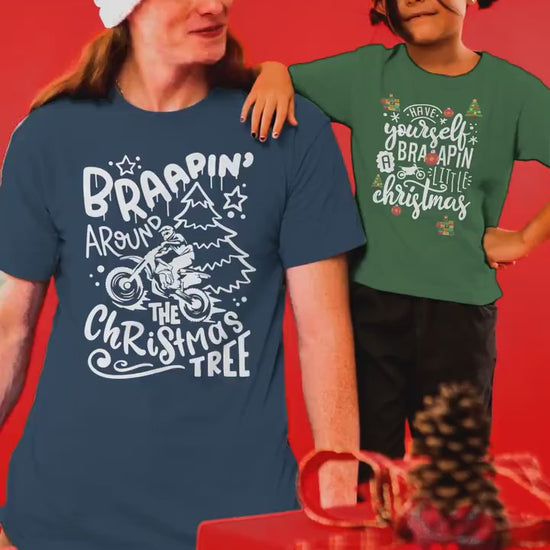 Braapin' Around the Christmas Tree Youth Short Sleeve Tee, Motocross Kids Family Shirt