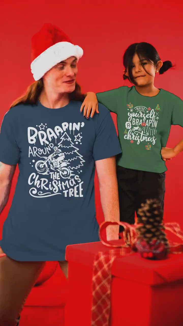 Braapin' Around the Christmas Tree Youth Short Sleeve Tee, Motocross Kids Family Shirt